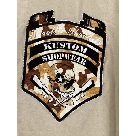 Throttle Threads Camo Skull Shirt Mens 2XL Brown Button Up Kustom Shop Wear - Picture 5 of 13